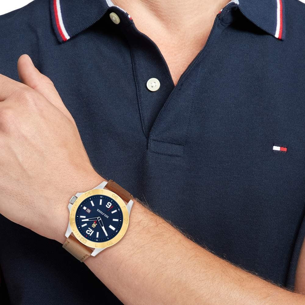 Tommy Hilfiger Quartz Analog with Date Blue Dial Brown Leather Strap Watch For Men