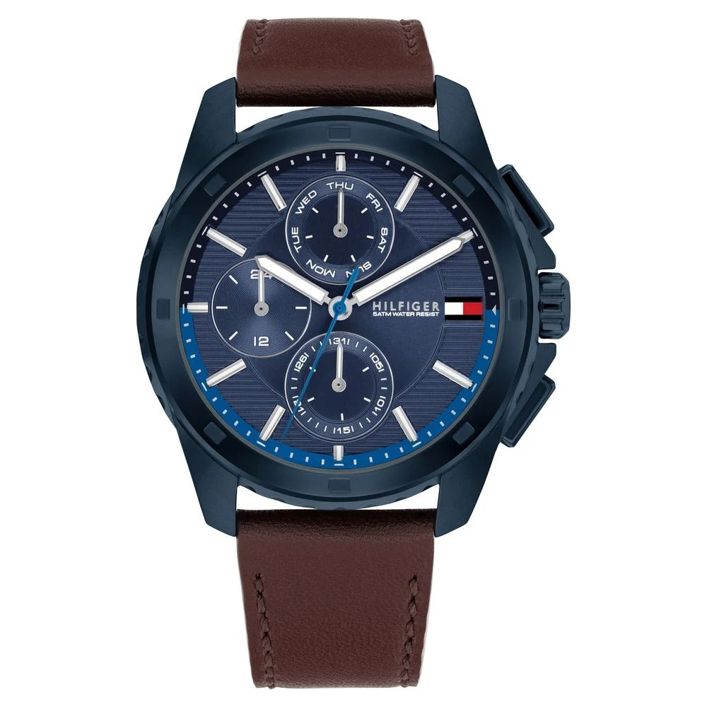 Tommy Hilfiger Multifunction Blue Dial Brown Leather Strap Watch for Men