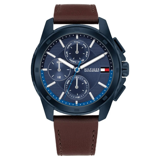 Tommy Hilfiger Multifunction Blue Dial Brown Leather Strap Watch for Men