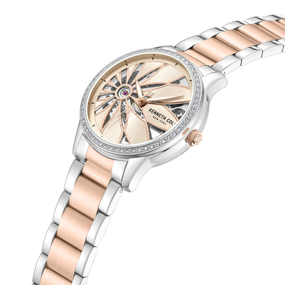 Kenneth Cole Automatic Rose Gold Dial Two Toned Stainless Steel Strap Watch For Women