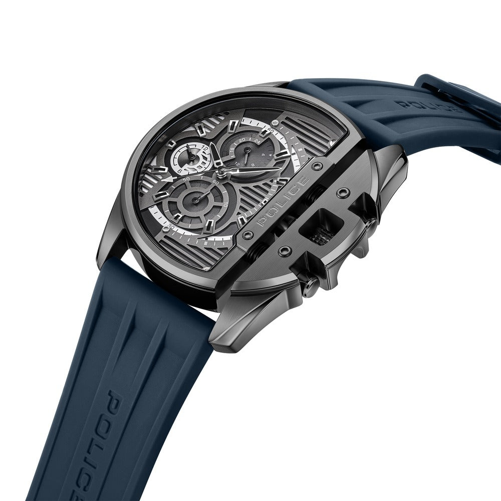 Police Quartz Multifunction Black Dial Blue Silicon Strap Watch For Men