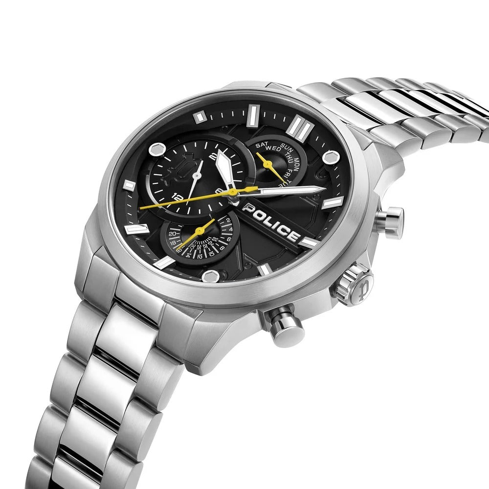 Police Quartz Multifunction Black Dial Silver Stainless Steel Strap Watch for Men