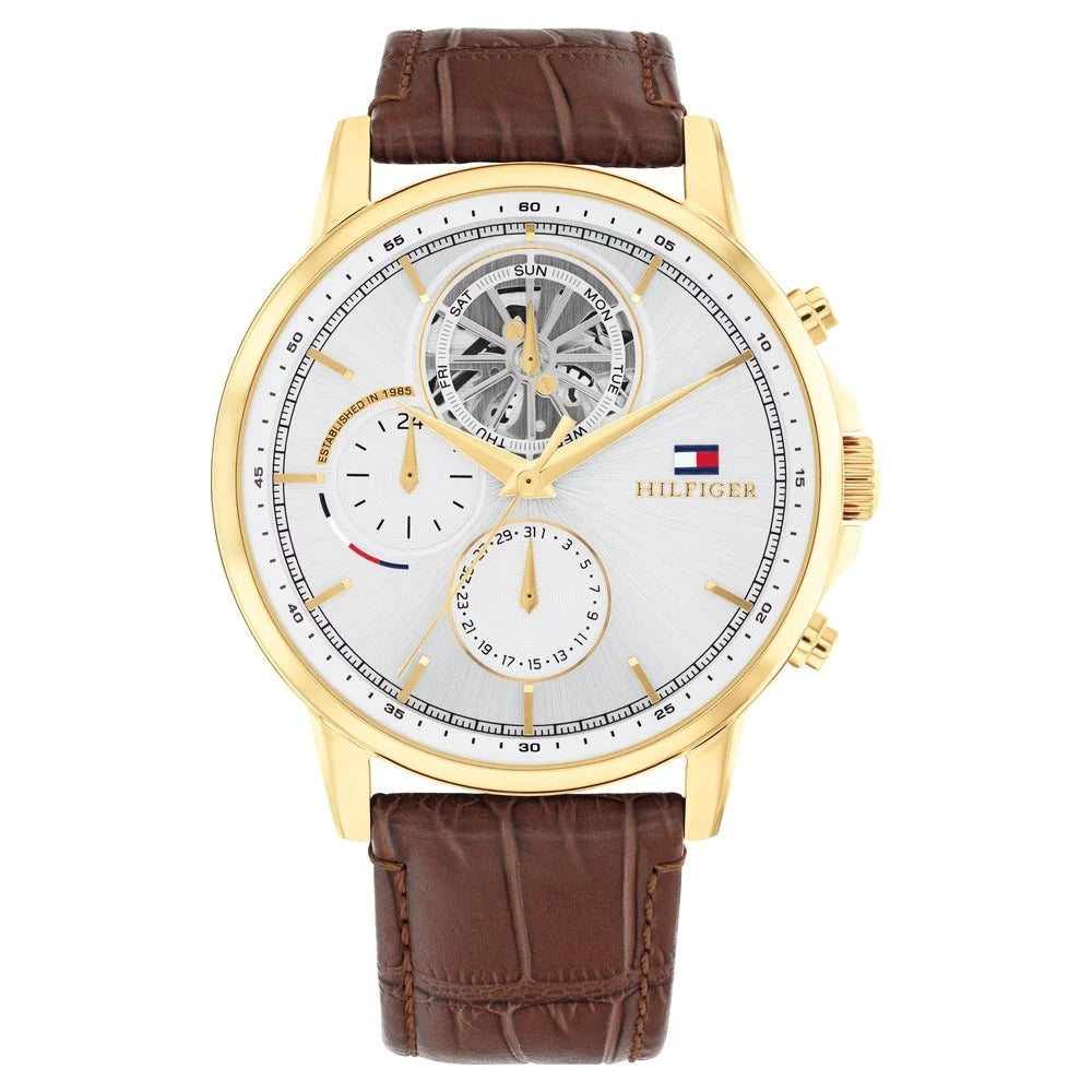 Tommy Hilfiger Quartz Multifunction Silver Dial Brown Leather Strap Watch for Men