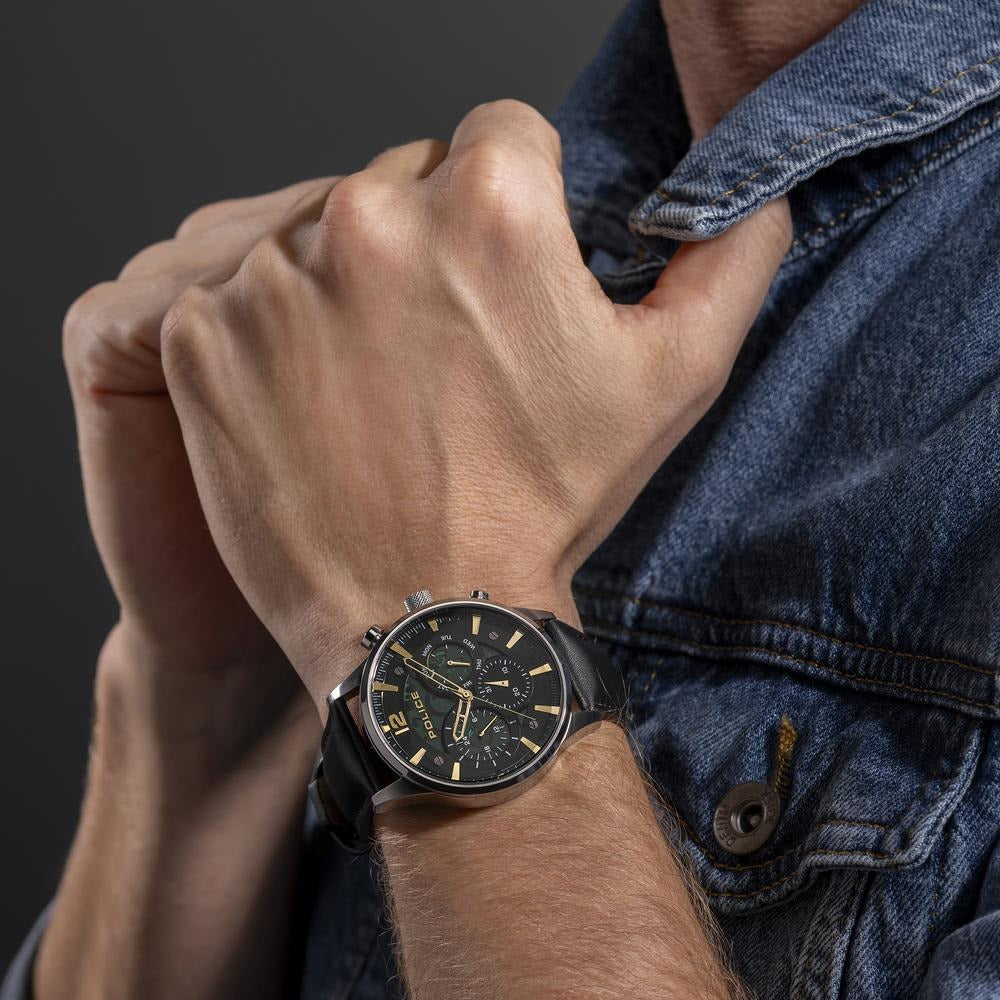 Police Quartz Multifunction Green Dial Black Leather Strap Watch For Men