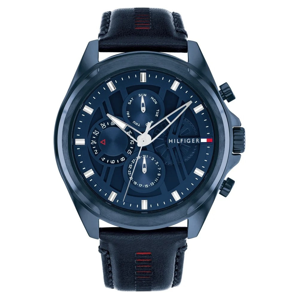 Tommy Hilfiger Multifunction Blue Dial Blue Color Leather Strap Watch For Men