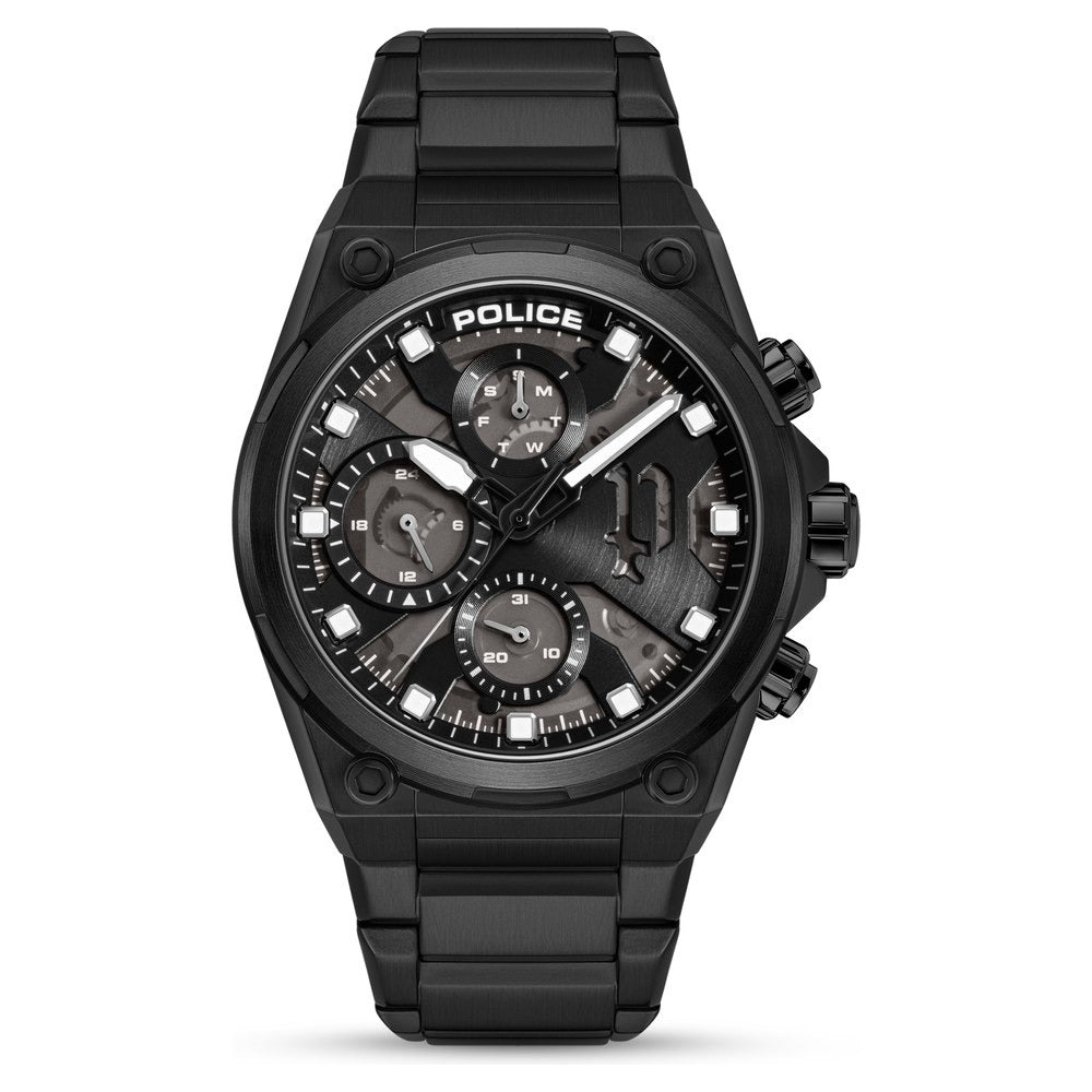 Police Multifunction Black Dial Black Stainless Steel Strap Watch For Men