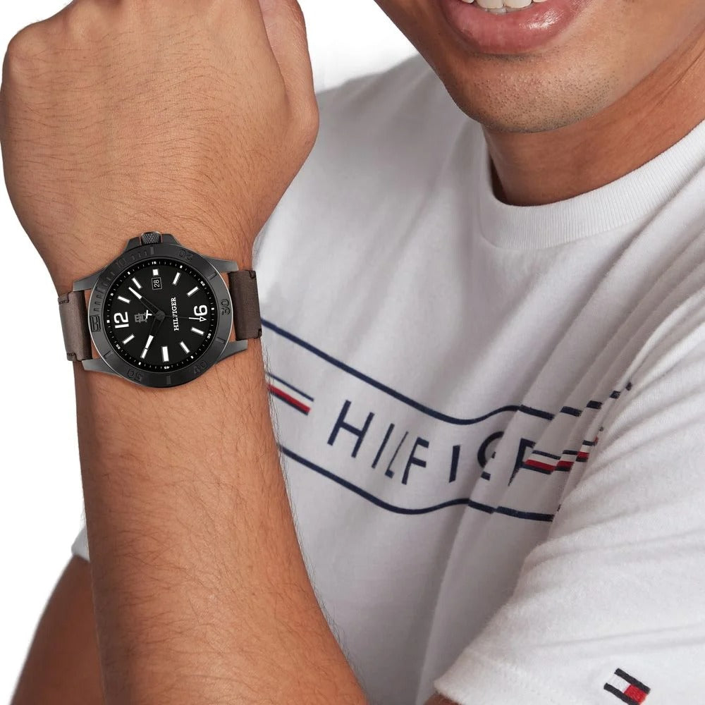 Tommy Hilfiger Black Dial Brown Colour Leather Strap Watch for Men