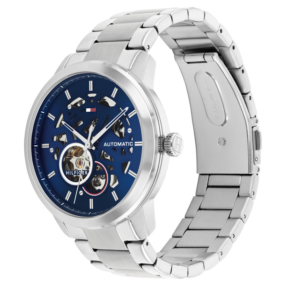 Tommy Hilfiger Automatic Blue Dial Silver Color Stainless Steel Strap Watch For Men