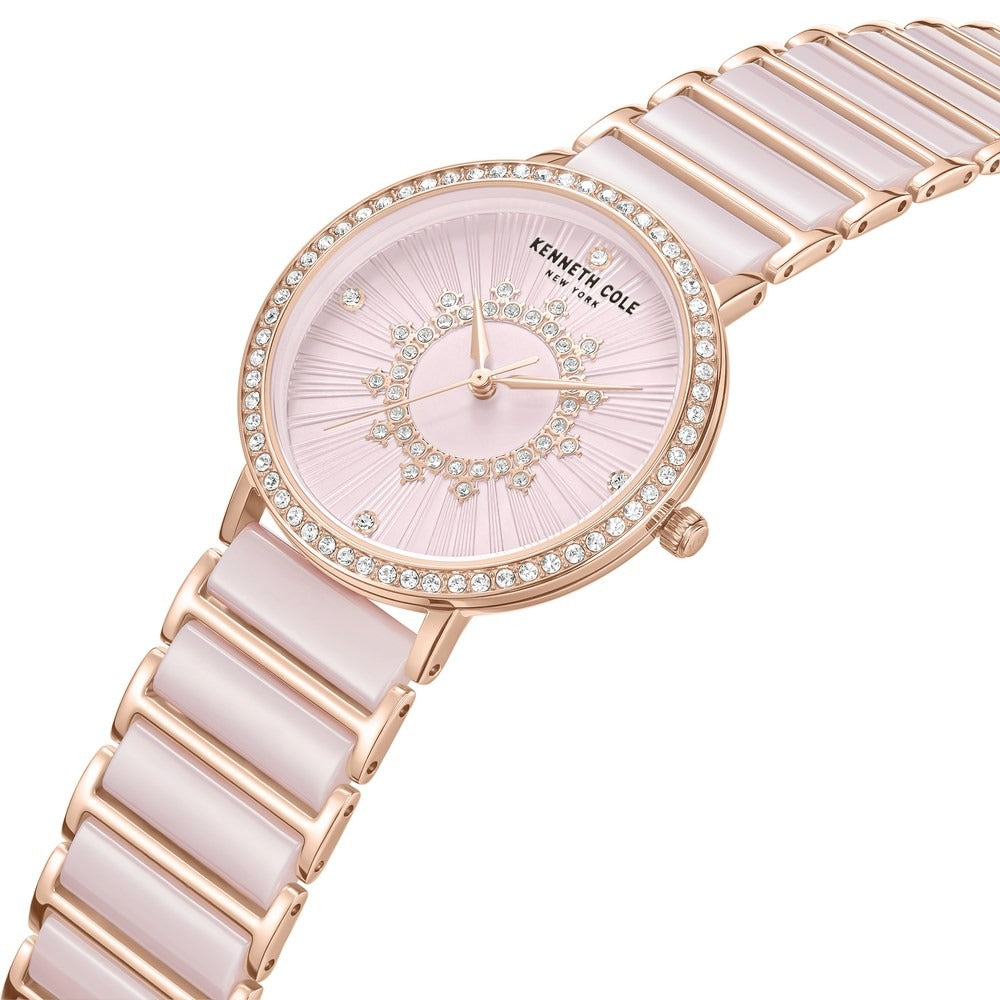 Kenneth Cole Quartz Analog Pink Dial Pink Stainless Steel & Ceramic Strap Watch For Women