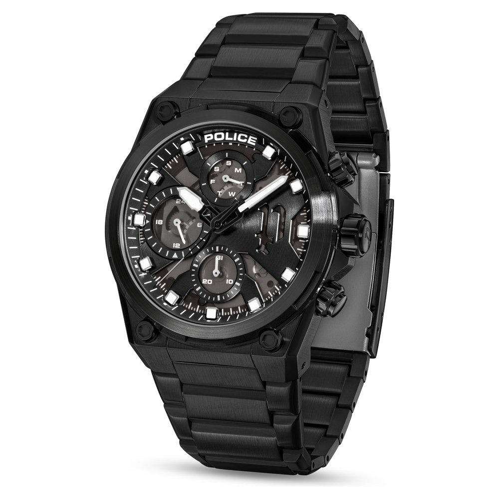 Police Multifunction Black Dial Black Stainless Steel Strap Watch For Men