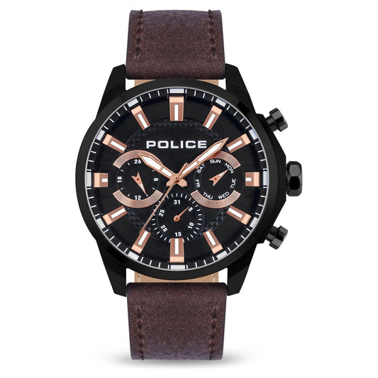 Police Black Dial Brown Strap Multifunction Watch for Men