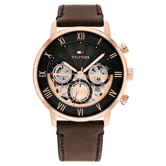 Tommy Hilfiger Multifunction Black Dial Brown Leather Strap Watch For Men