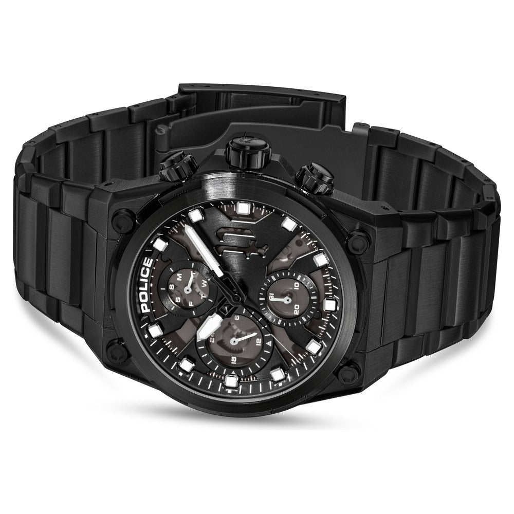 Police Multifunction Black Dial Black Stainless Steel Strap Watch For Men