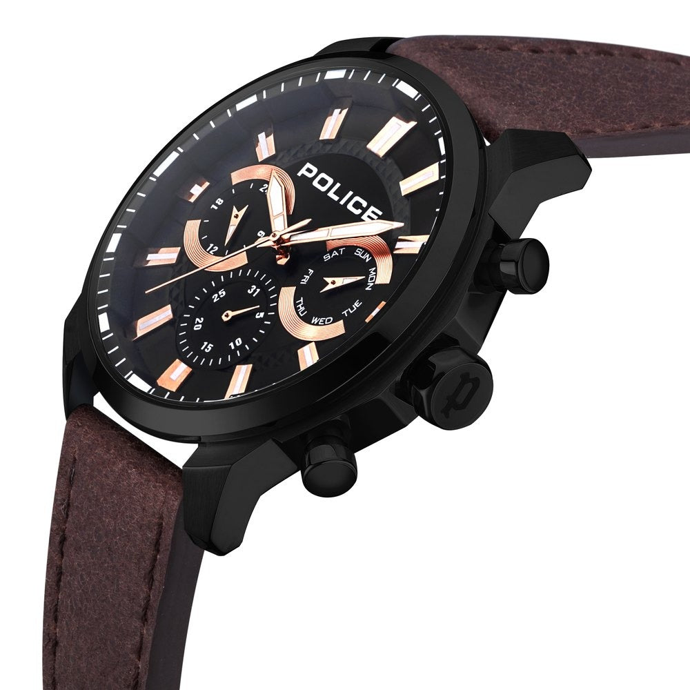 Police Black Dial Brown Strap Multifunction Watch for Men