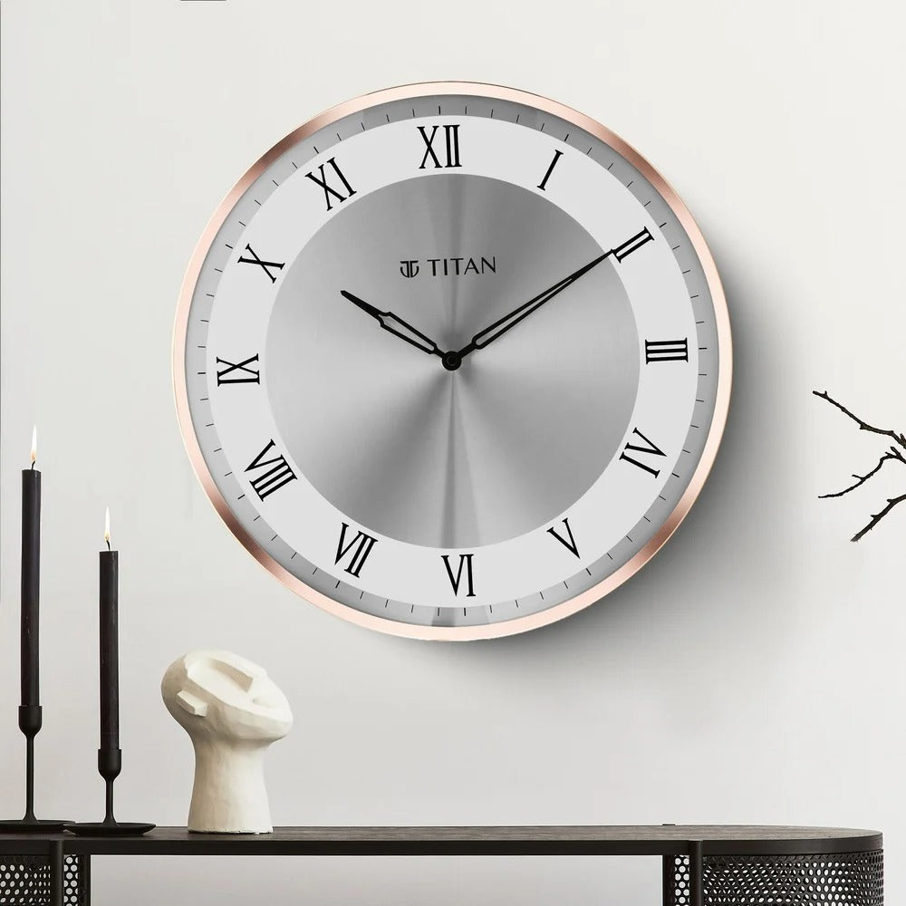 Titan Metallic Wall Clock White Dial with Silent Sweep Technology and Rose Gold Frame - 40.0 cm x 40.0 cm (Large)