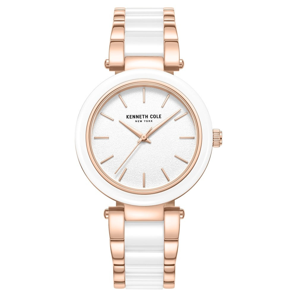 Kenneth Cole Quartz Analog White Dial White Stainless Steel & Ceramic Strap Watch For Women