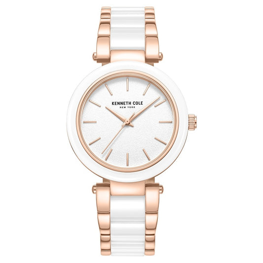 Kenneth Cole Quartz Analog White Dial White Stainless Steel & Ceramic Strap Watch For Women