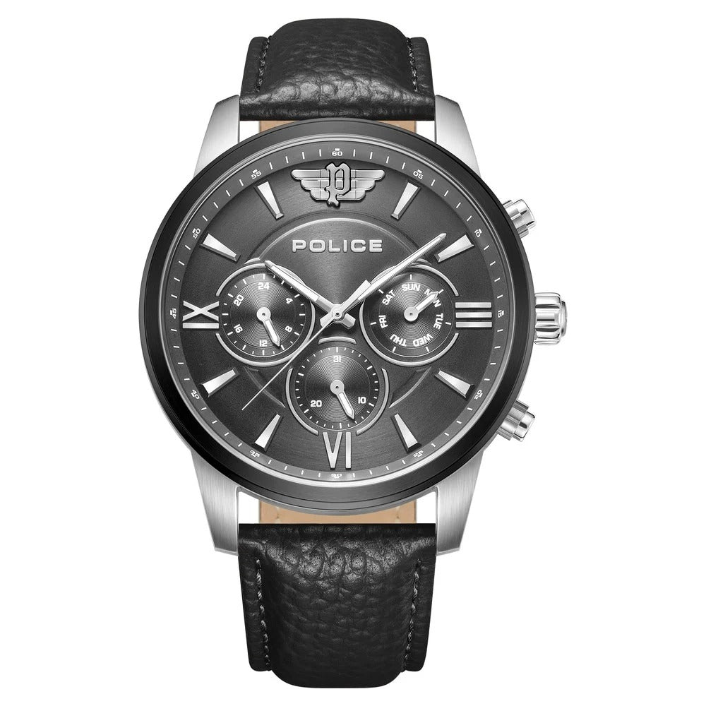 Police Quartz Multifunction Grey Dial Black Leather Strap Watch for Men