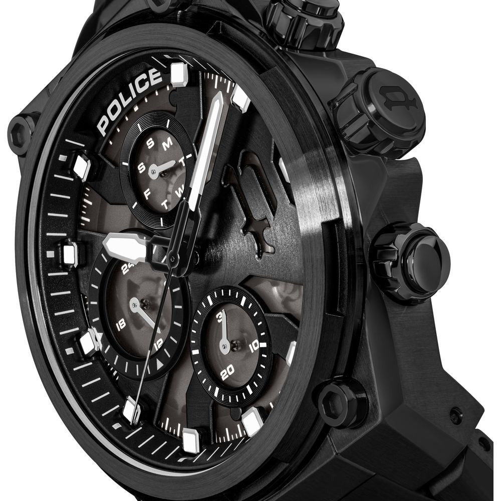 Police Multifunction Black Dial Black Stainless Steel Strap Watch For Men