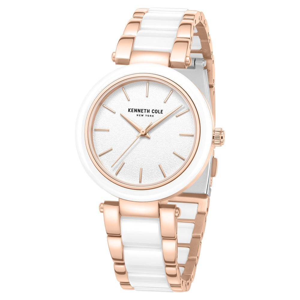 Kenneth Cole Quartz Analog White Dial White Stainless Steel & Ceramic Strap Watch For Women