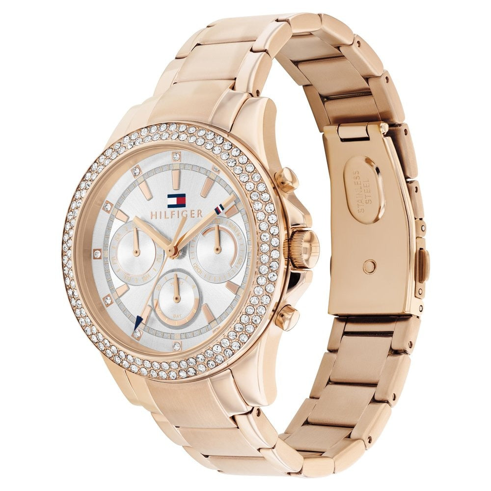 Tommy Hilfiger Multifunction Silver Dial Golden Stainless Steel Strap Watch For Women