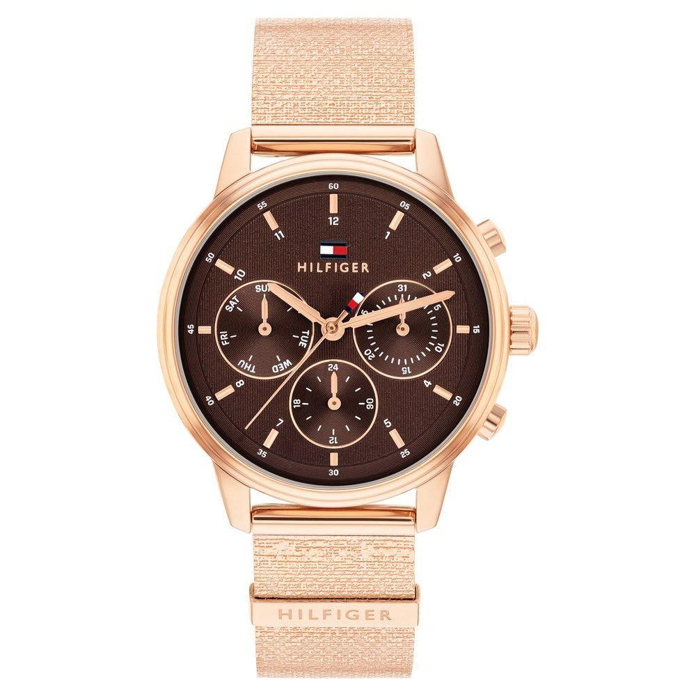Tommy Hilfiger Quartz Multifunction Brown Dial Rose Gold Stainless Steel Strap Watch For Women