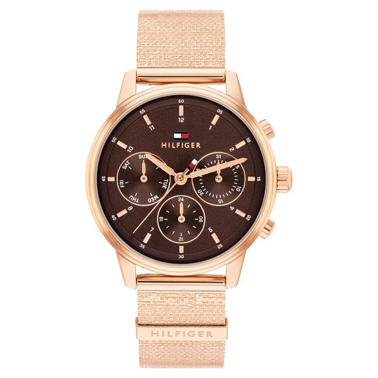Tommy Hilfiger Quartz Multifunction Brown Dial Rose Gold Stainless Steel Strap Watch For Women