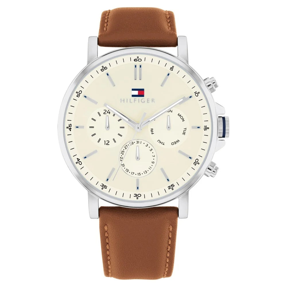 Tommy Hilfiger Quartz Multifunction Yellow Dial Brown Leather Strap Watch for Men