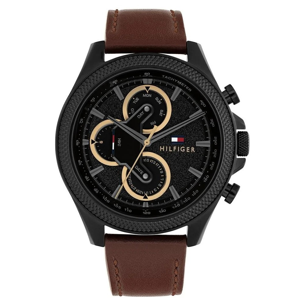 Tommy Hilfiger Quartz Multifunction Black Dial Brown Leather Strap Watch For Men