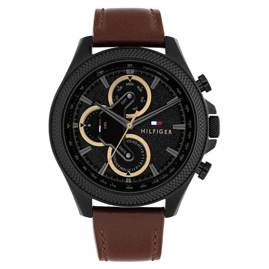 Tommy Hilfiger Quartz Multifunction Black Dial Brown Leather Strap Watch For Men