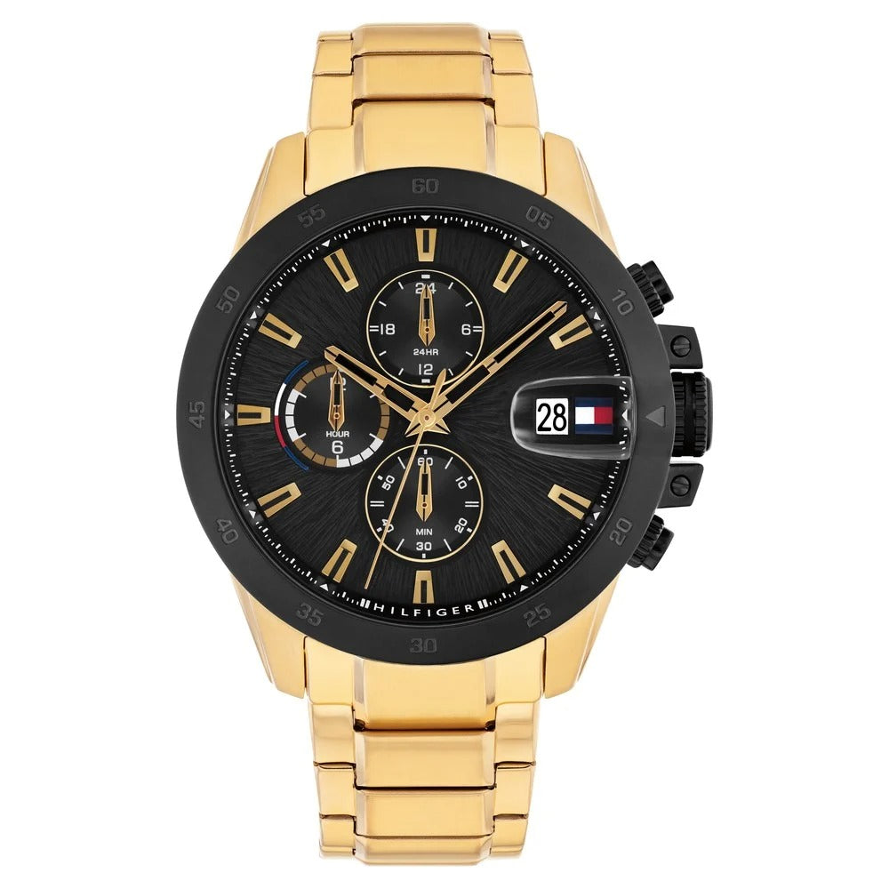 Tommy Hilfiger Quartz Multifunction Black Dial Golden Stainless Steel Strap Watch For Men