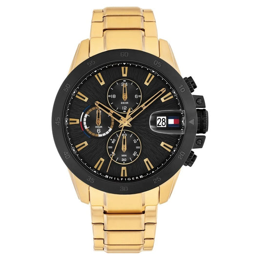 Tommy Hilfiger Quartz Multifunction Black Dial Golden Stainless Steel Strap Watch For Men