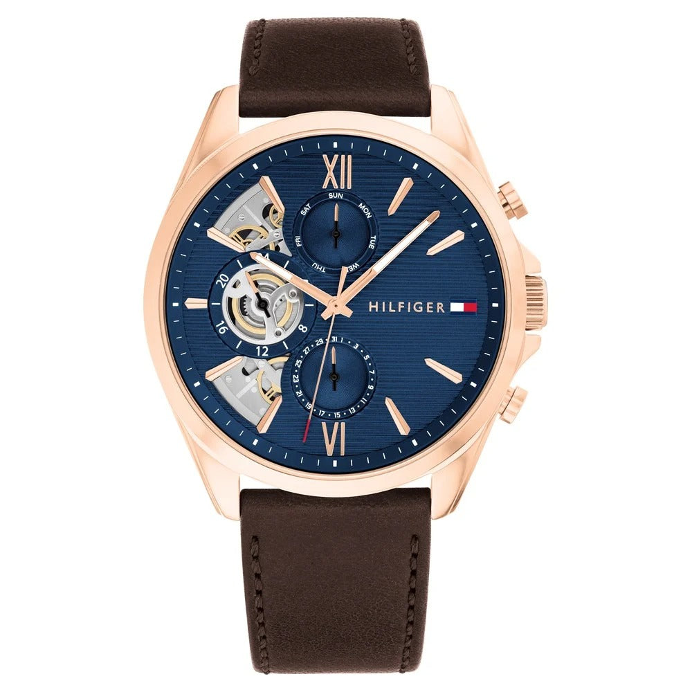 Tommy Hilfiger Multifunction Blue Dial Leather Strap Watch For Men