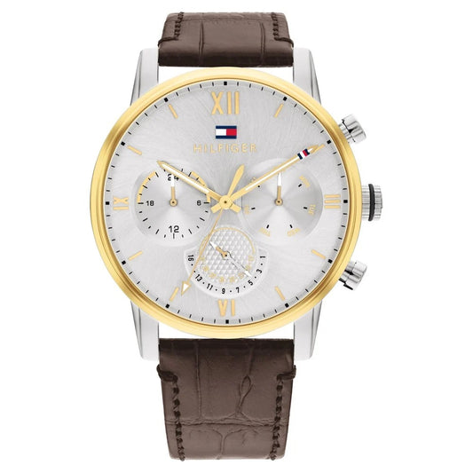 Tommy Hilfiger Multifunction Silver Round Dial Brown Leather Strap Watch For Men