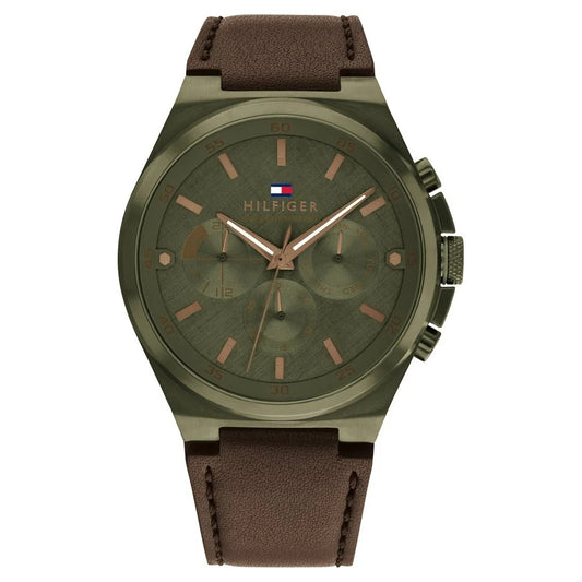 Tommy Hilfiger Multifunction Green Round Dial Brown Leather Strap Watch For Men