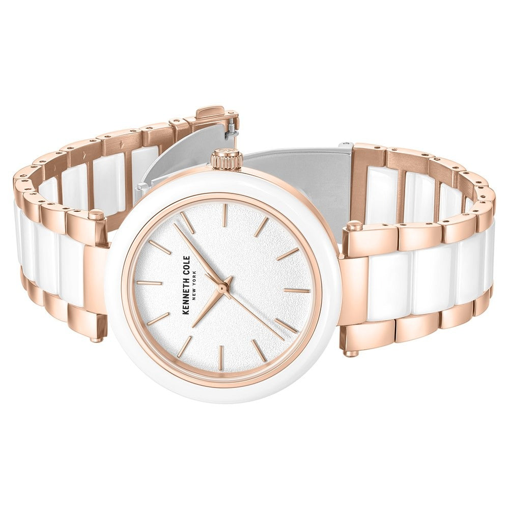 Kenneth Cole Quartz Analog White Dial White Stainless Steel & Ceramic Strap Watch For Women