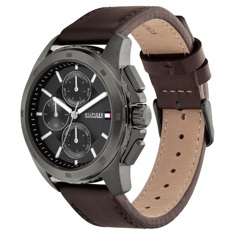 Tommy Hilfiger Quartz Multifunction Grey Dial Brown Leather Strap Watch for Men