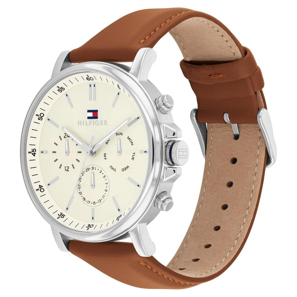 Tommy Hilfiger Quartz Multifunction Yellow Dial Brown Leather Strap Watch for Men