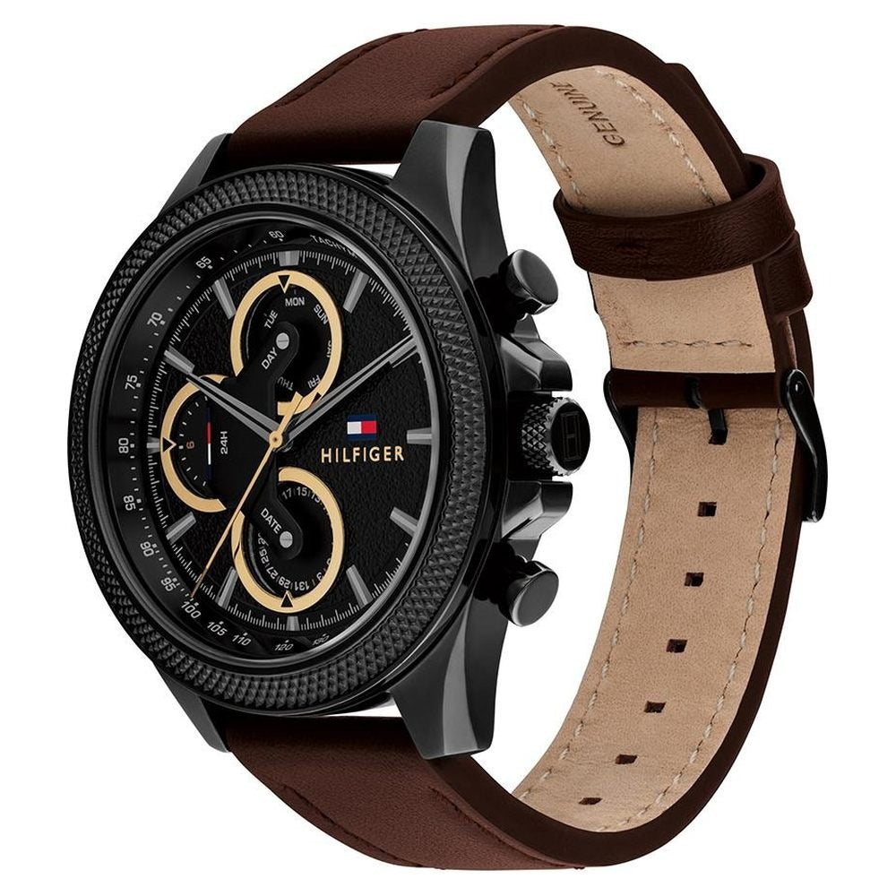 Tommy Hilfiger Quartz Multifunction Black Dial Brown Leather Strap Watch For Men