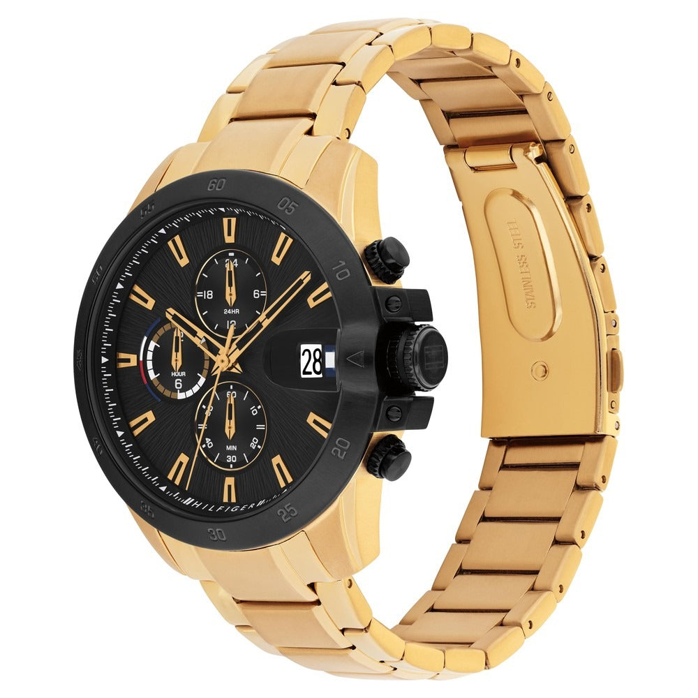 Tommy Hilfiger Quartz Multifunction Black Dial Golden Stainless Steel Strap Watch For Men