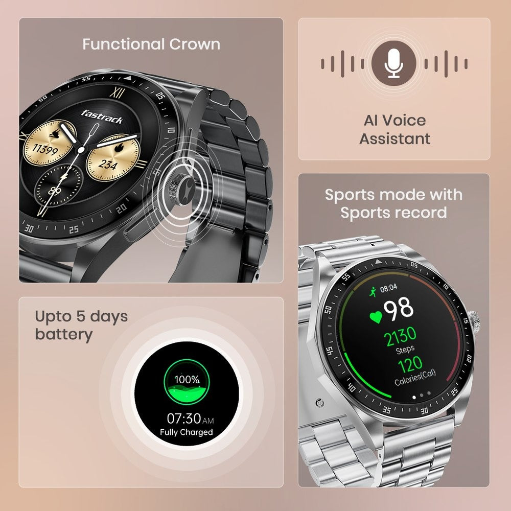Fastrack Radiant FX1 Luxury Metal Smartwatch with 3.6 cm AMOLED Display, SingleSync BT Calling, Functional Crown