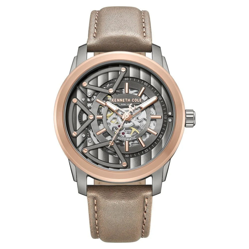 Kenneth Cole Automatic Grey Dial Brown Colour Leather Strap Watch For Men