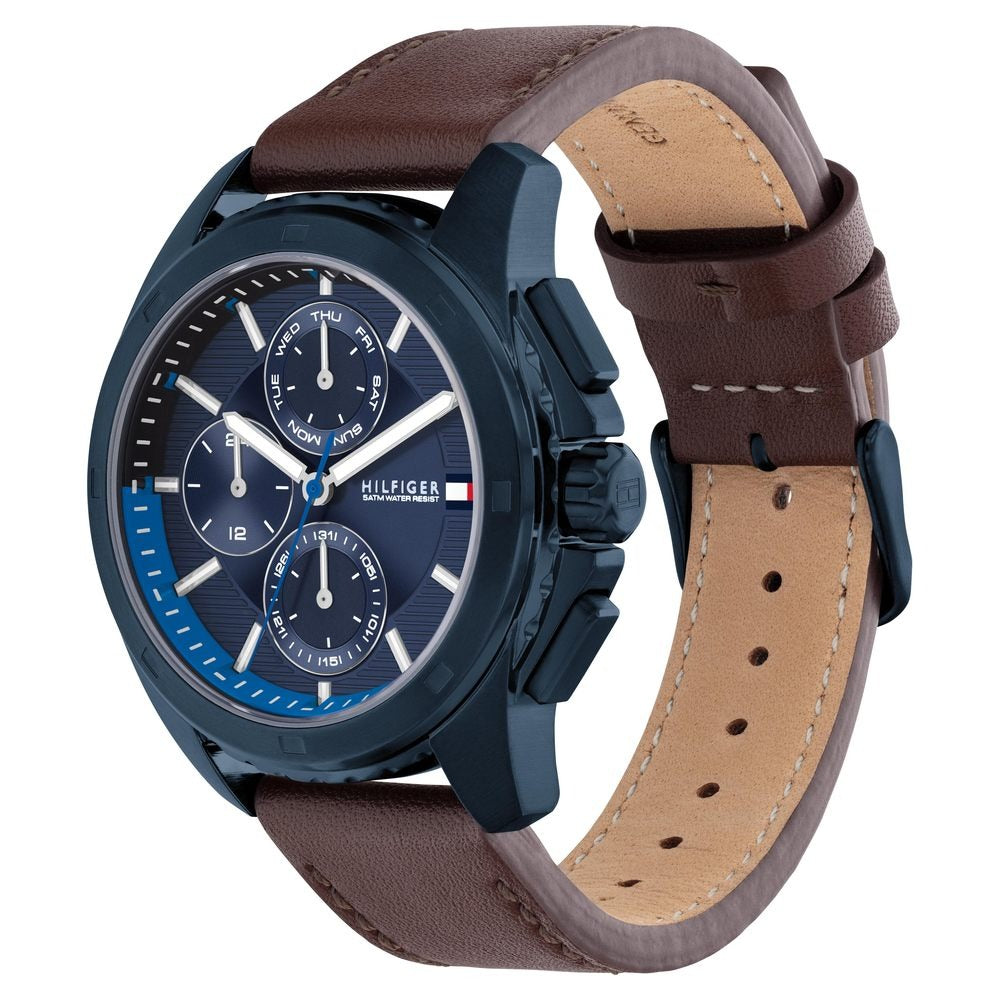 Tommy Hilfiger Multifunction Blue Dial Brown Leather Strap Watch for Men
