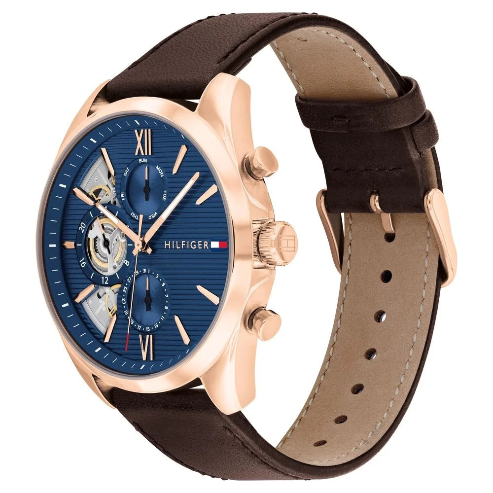 Tommy Hilfiger Multifunction Blue Dial Leather Strap Watch For Men