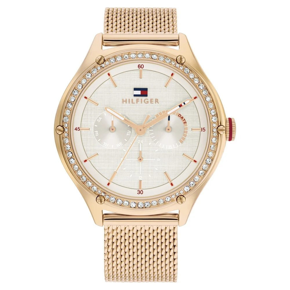 Tommy Hilfiger Multifunction Grey Round Dial Golden Stainless Steel Strap Watch For Women