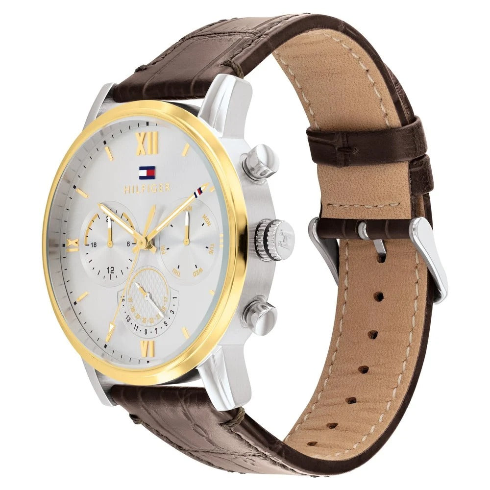 Tommy Hilfiger Multifunction Silver Round Dial Brown Leather Strap Watch For Men