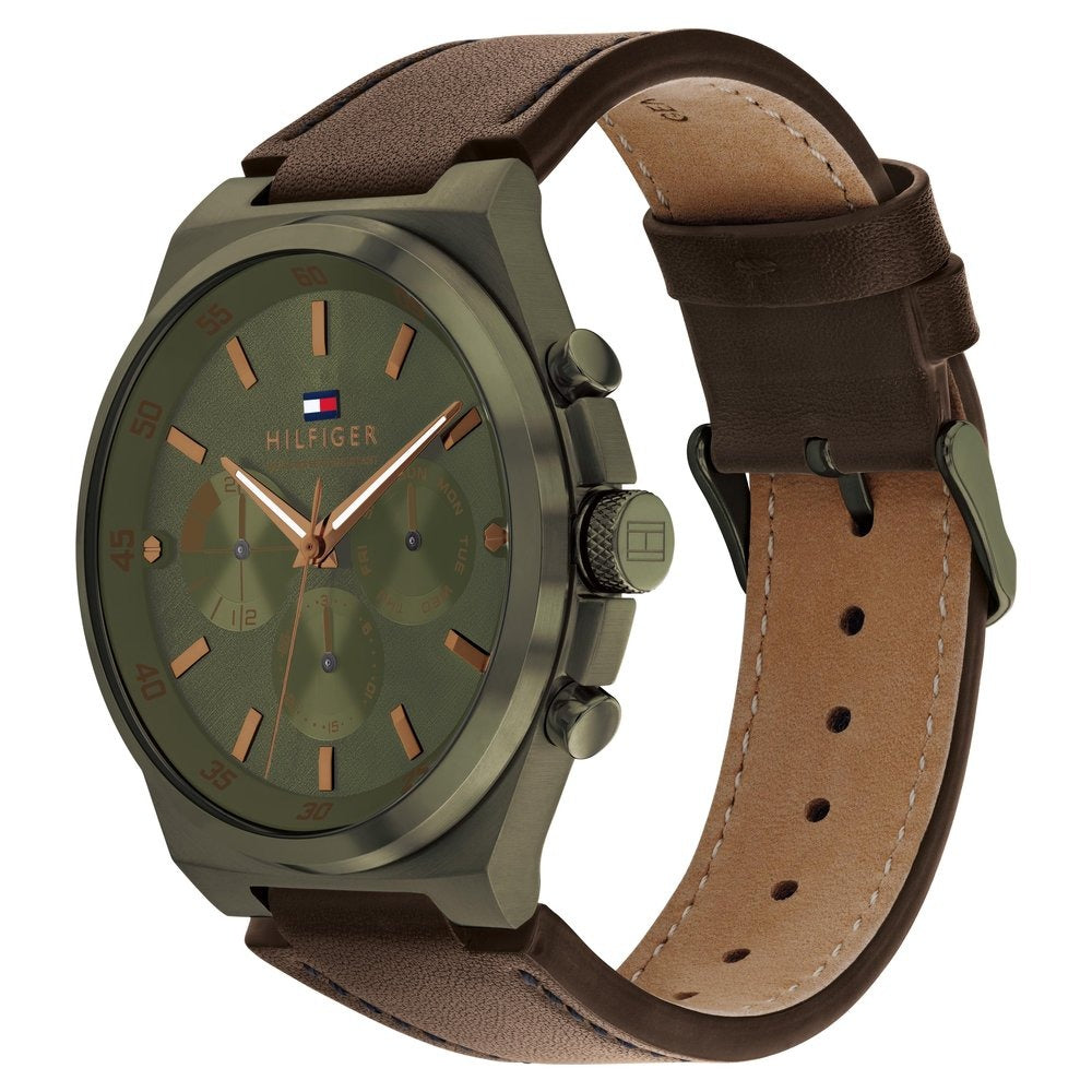 Tommy Hilfiger Multifunction Green Round Dial Brown Leather Strap Watch For Men