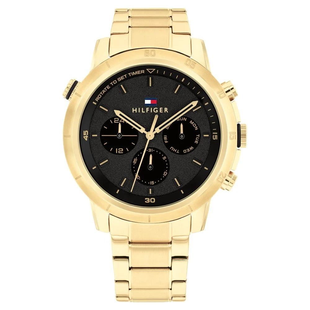 Tommy Hilfiger Multifunction Black Round Dial Golden Stainless Steel Strap Watch For Men