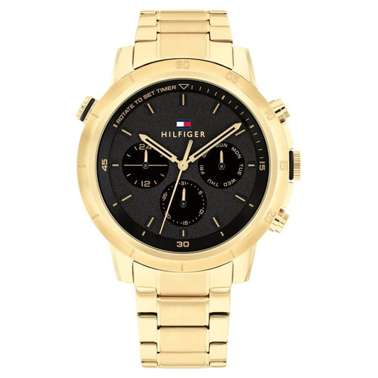 Tommy Hilfiger Multifunction Black Round Dial Golden Stainless Steel Strap Watch For Men
