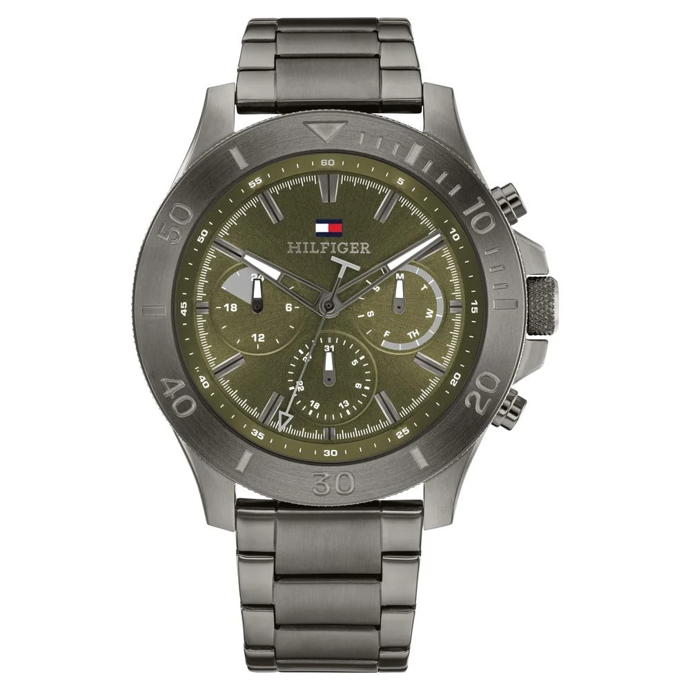 Tommy Hilfiger Quartz Multifunction Green Dial Grey Stainless Steel Strap Watch for Men